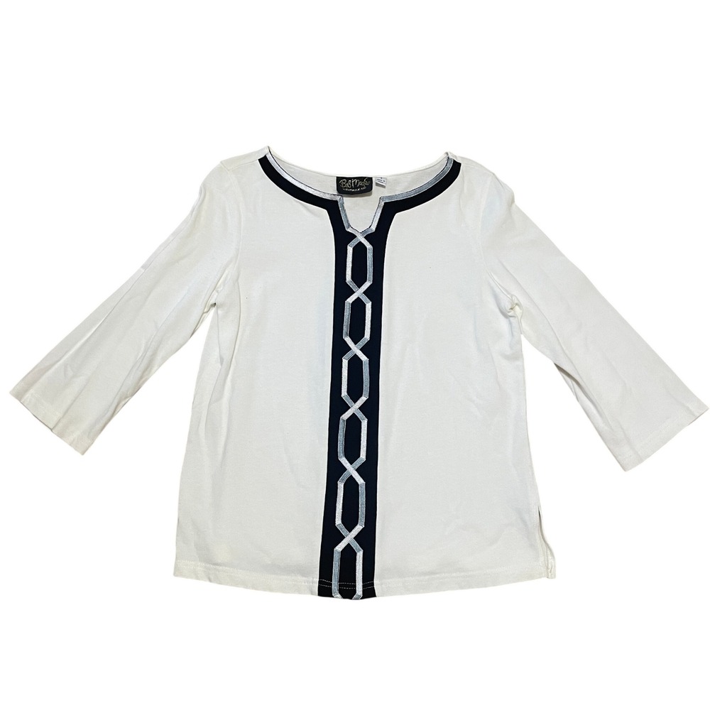 Bob Mackie Wearable Art Women's Small White Cotton 3/4 Sleeve Geometric Knit Top